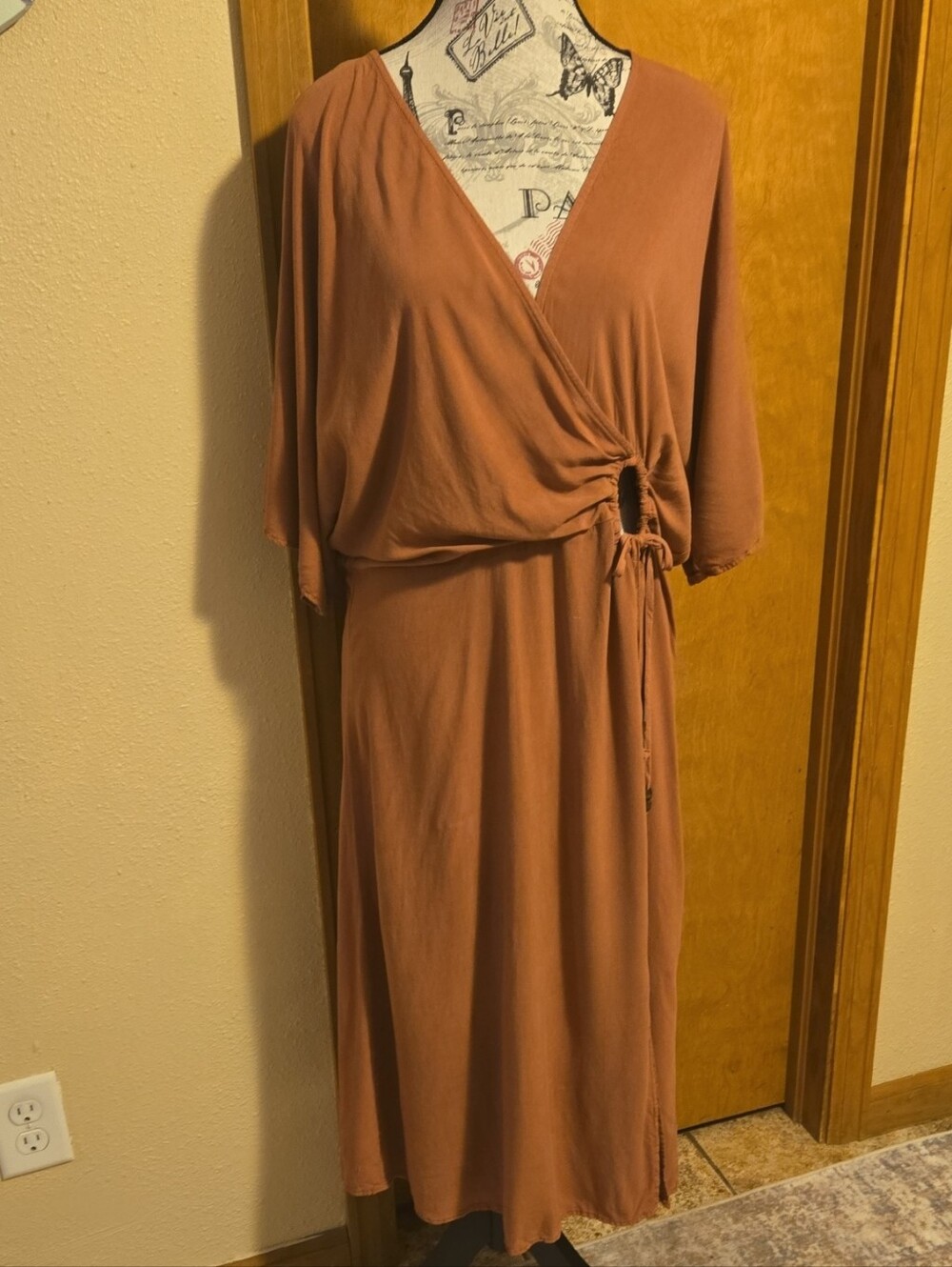 Earthbound Trading Co Rust Brown Ring Tye Detail Boho Midi Dress L